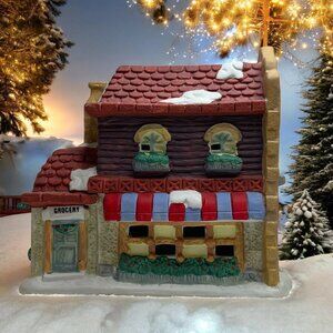 Winter Village Grocery Store, Christmas Village Lighted Building from 1990s